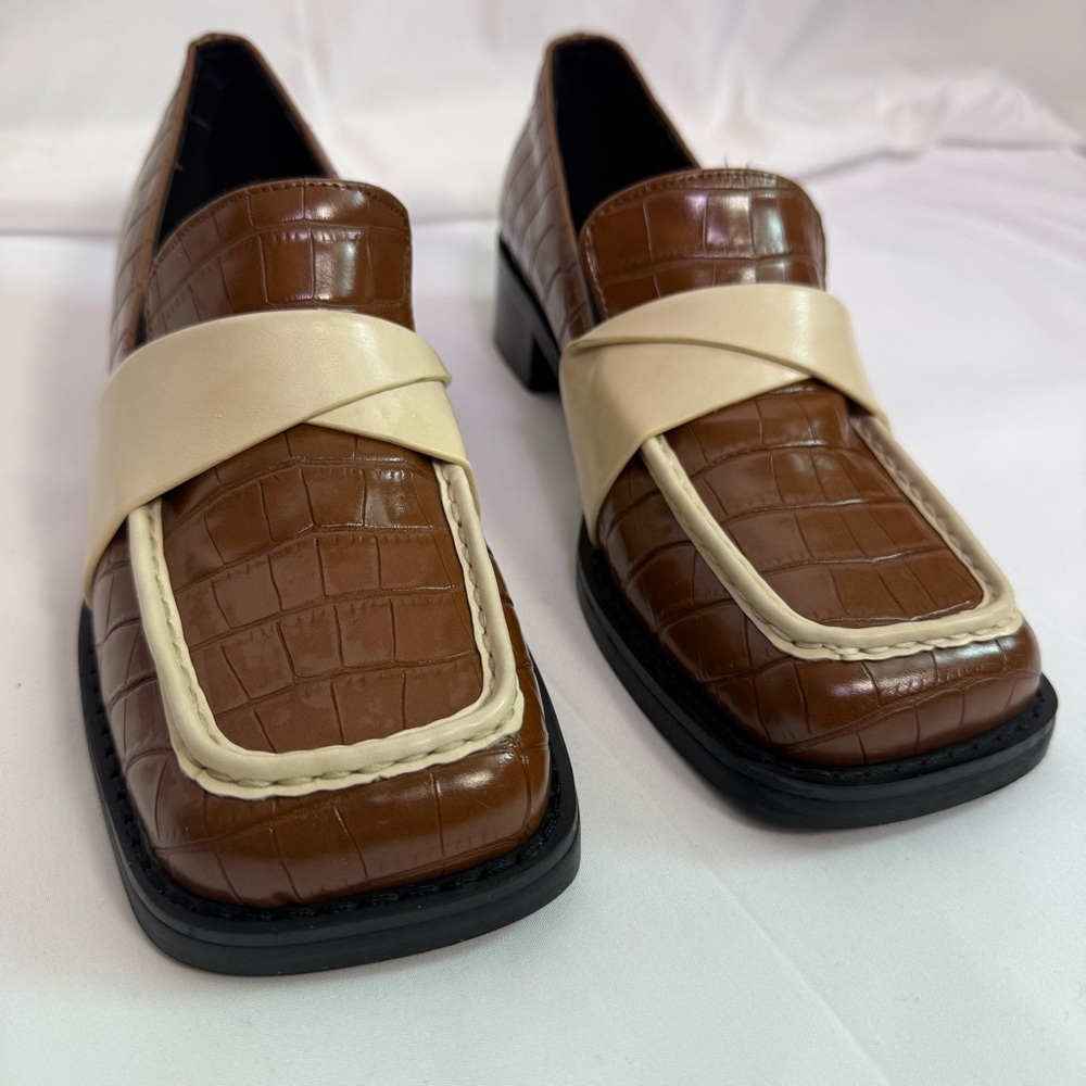 Women’s Brown Croc-Embossed Loafers with Cream Strap | #COMMON